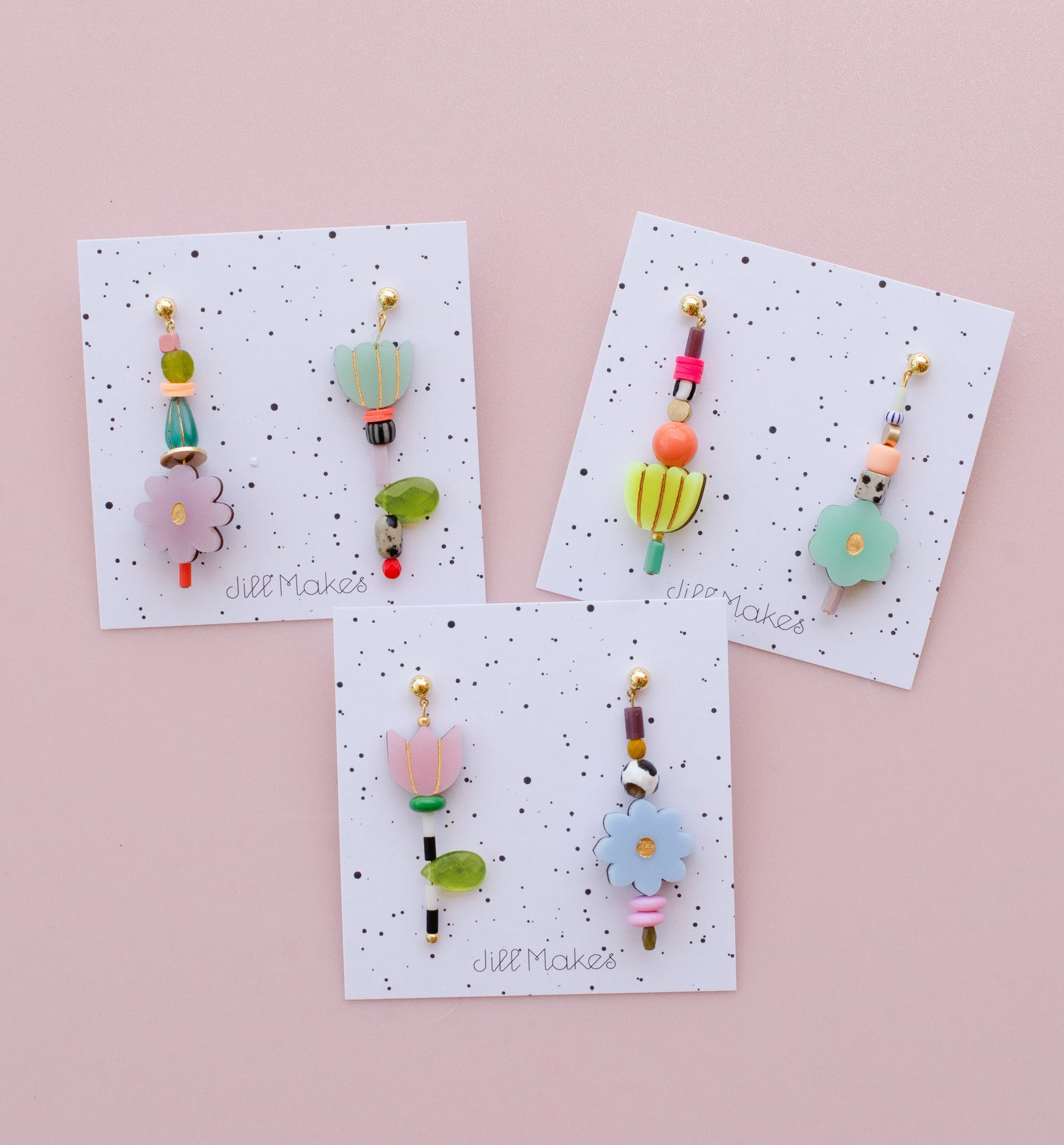 Flower beaded statement earrings, Mis-matched earrings, colorful dangle earrings, spring earrings, handmade earrings, acrylic earrings,