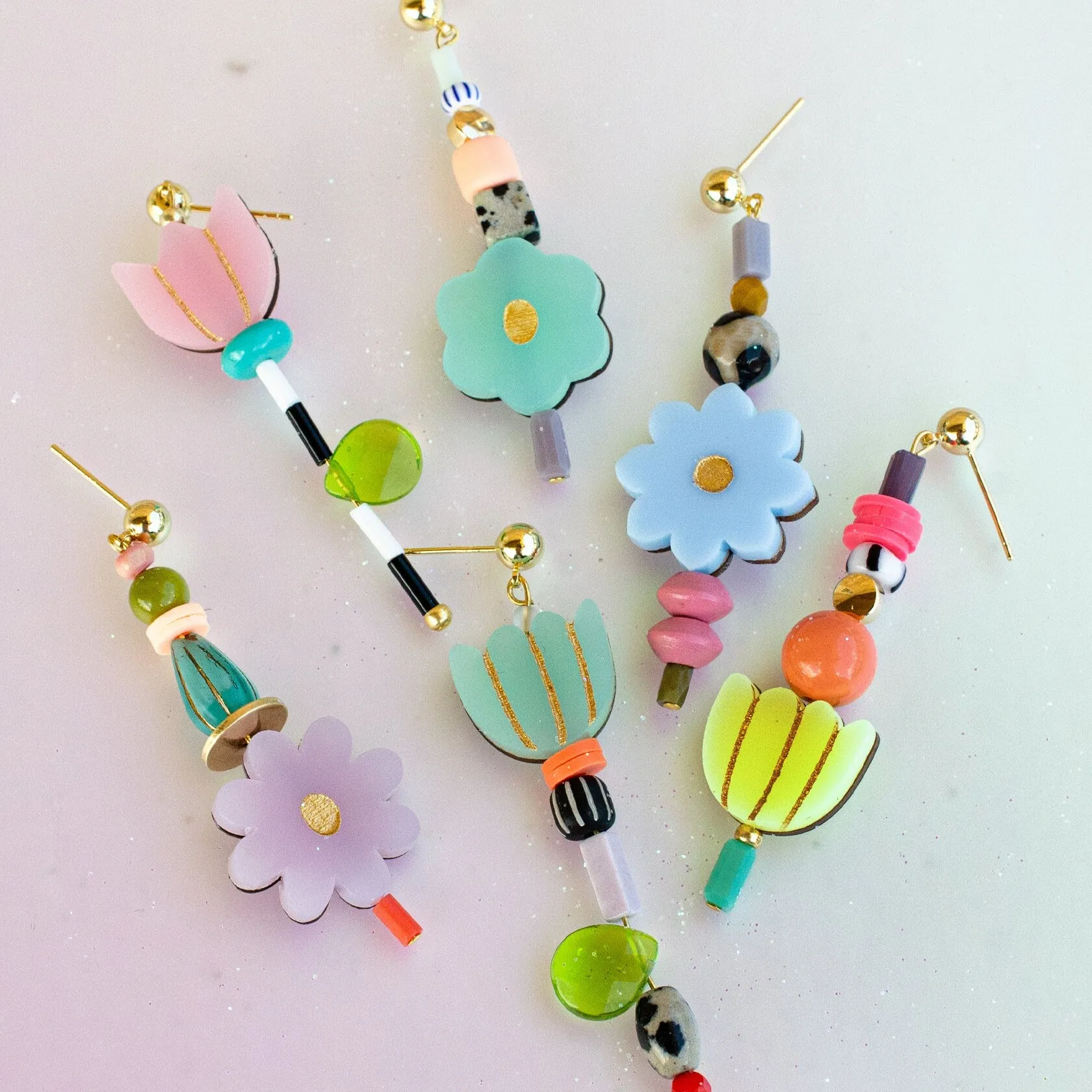 Flower beaded statement earrings, Mis-matched earrings, colorful dangle earrings, spring earrings, handmade earrings, acrylic earrings,