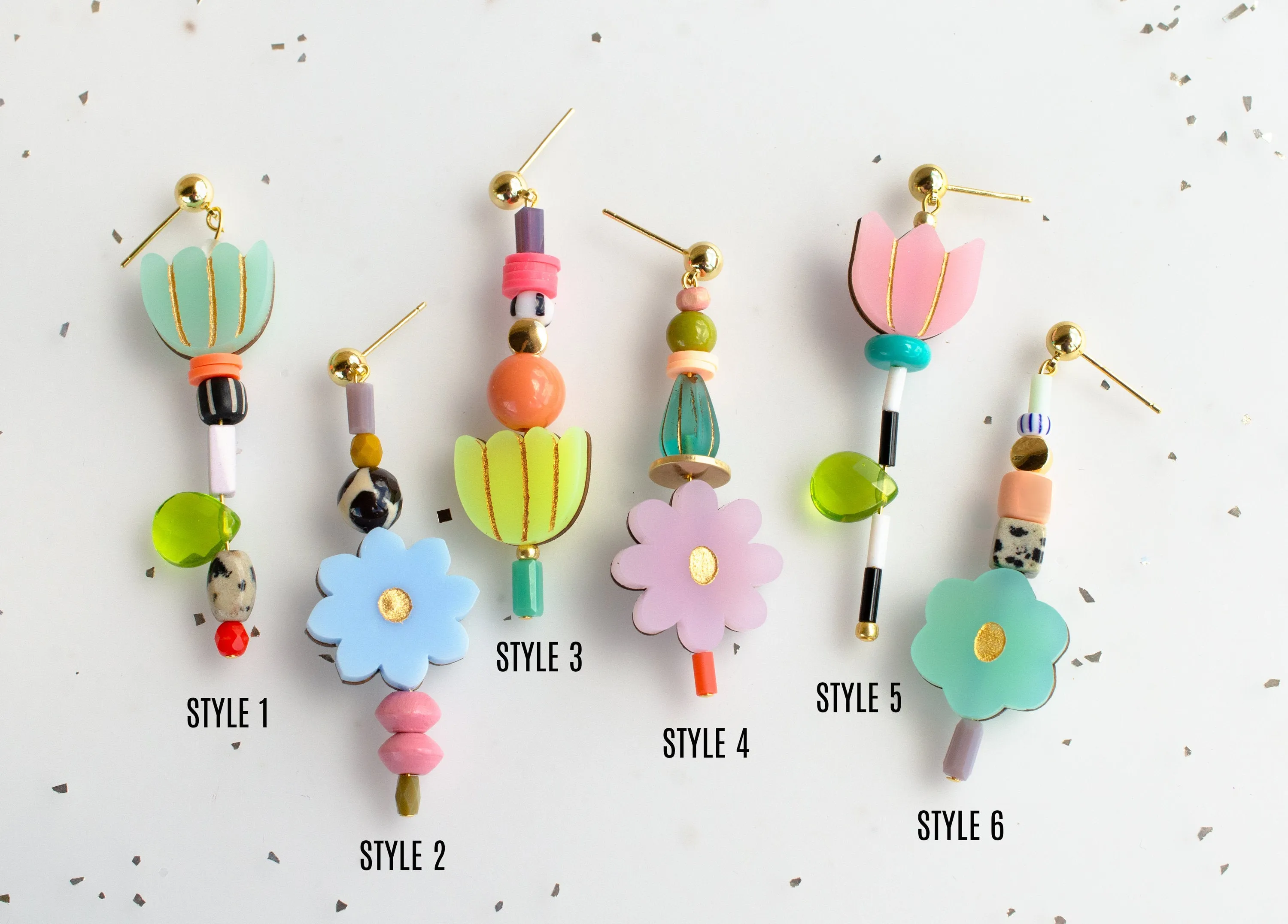 Flower beaded statement earrings, Mis-matched earrings, colorful dangle earrings, spring earrings, handmade earrings, acrylic earrings,