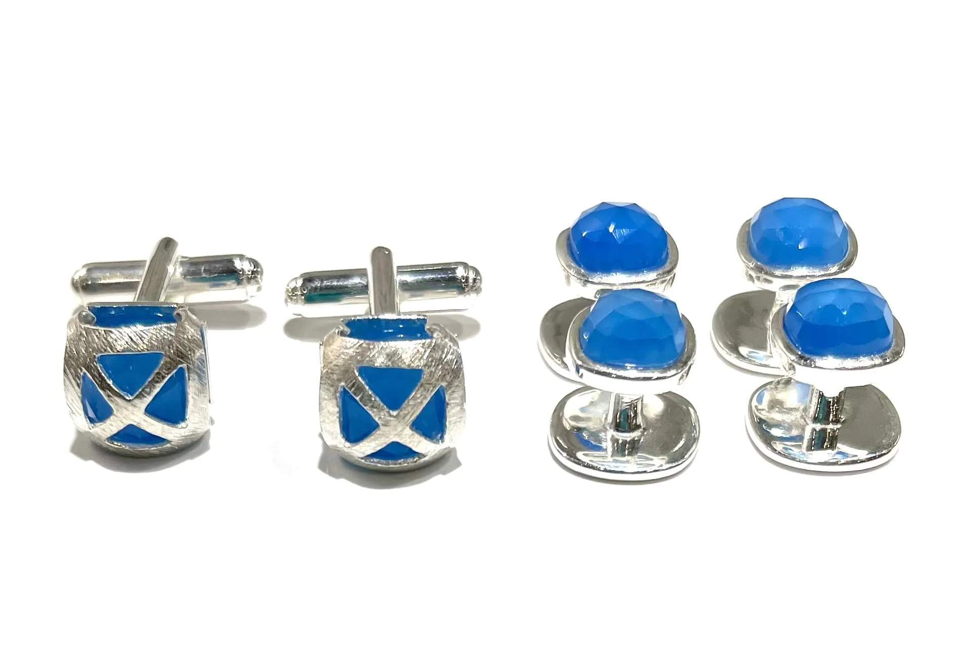 French Blue Chalcedony Gemstone Sterling Silver Cufflinks w/Engraved Logo