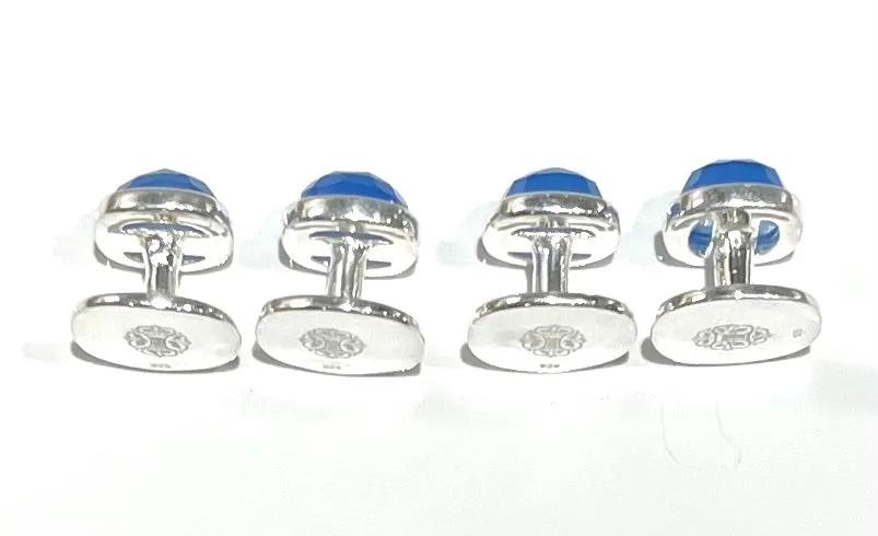 French Blue Chalcedony Gemstone Sterling Silver Cufflinks w/Engraved Logo