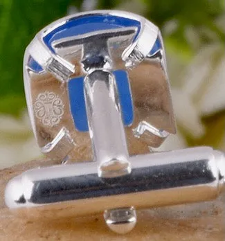 French Blue Chalcedony Gemstone Sterling Silver Cufflinks w/Engraved Logo