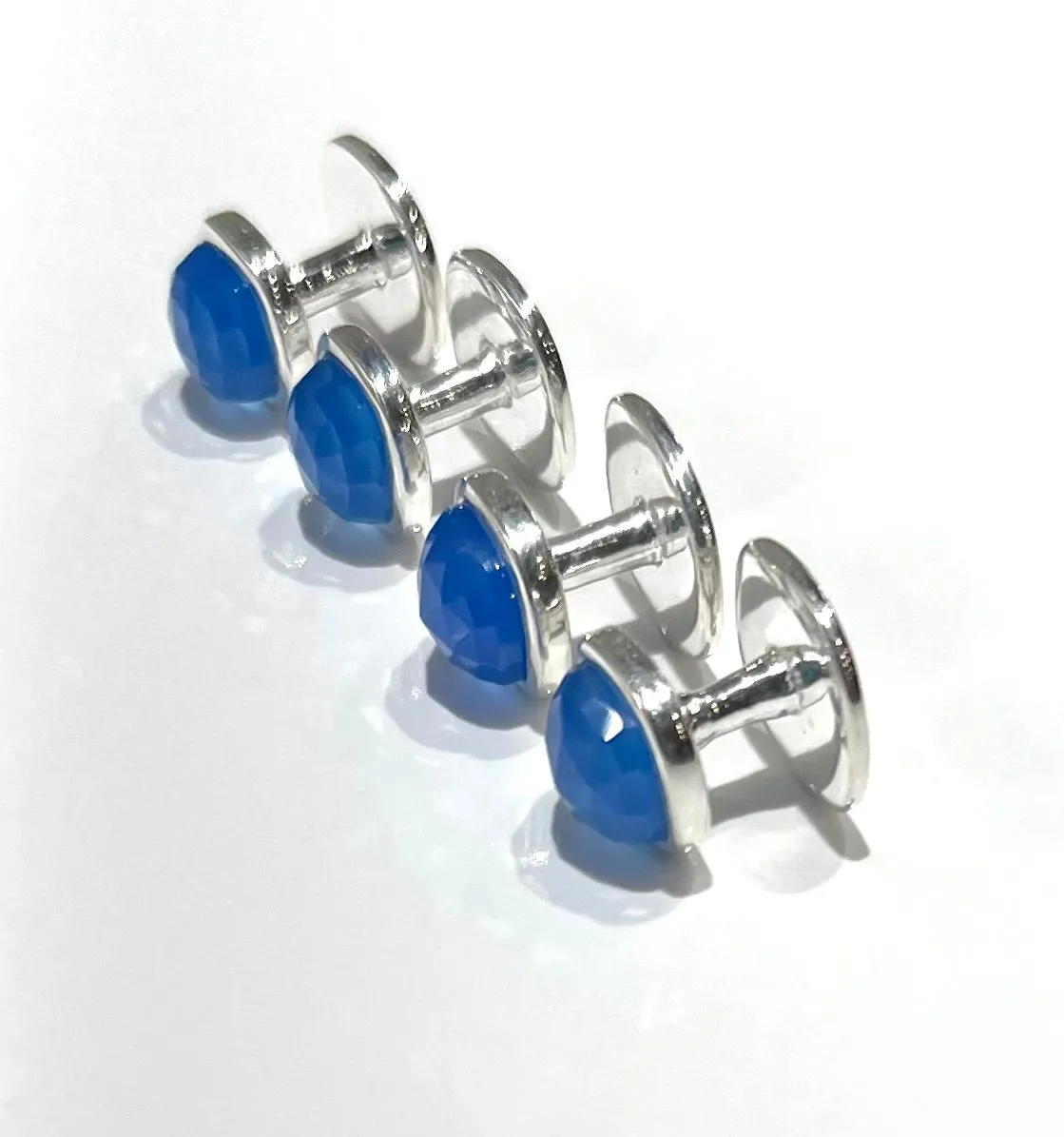 French Blue Chalcedony Gemstone Sterling Silver Cufflinks w/Engraved Logo