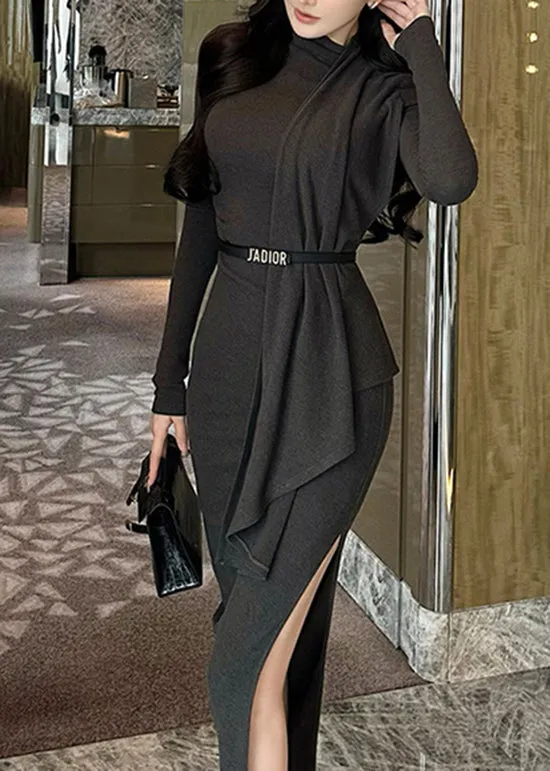 French Sexy Grey Side Open Tie Waist Cotton Long Dresses Fall