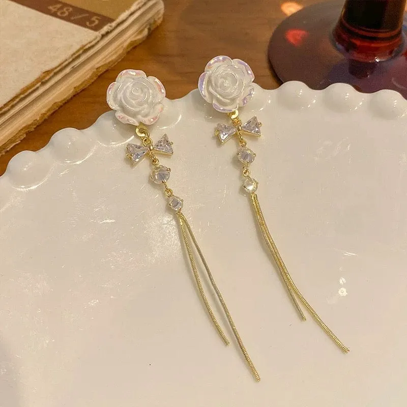 French Style Camellia Flower Crystal Tassel Chain Earrings