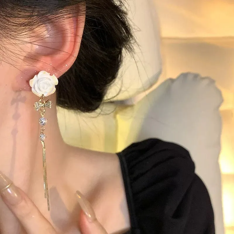 French Style Camellia Flower Crystal Tassel Chain Earrings