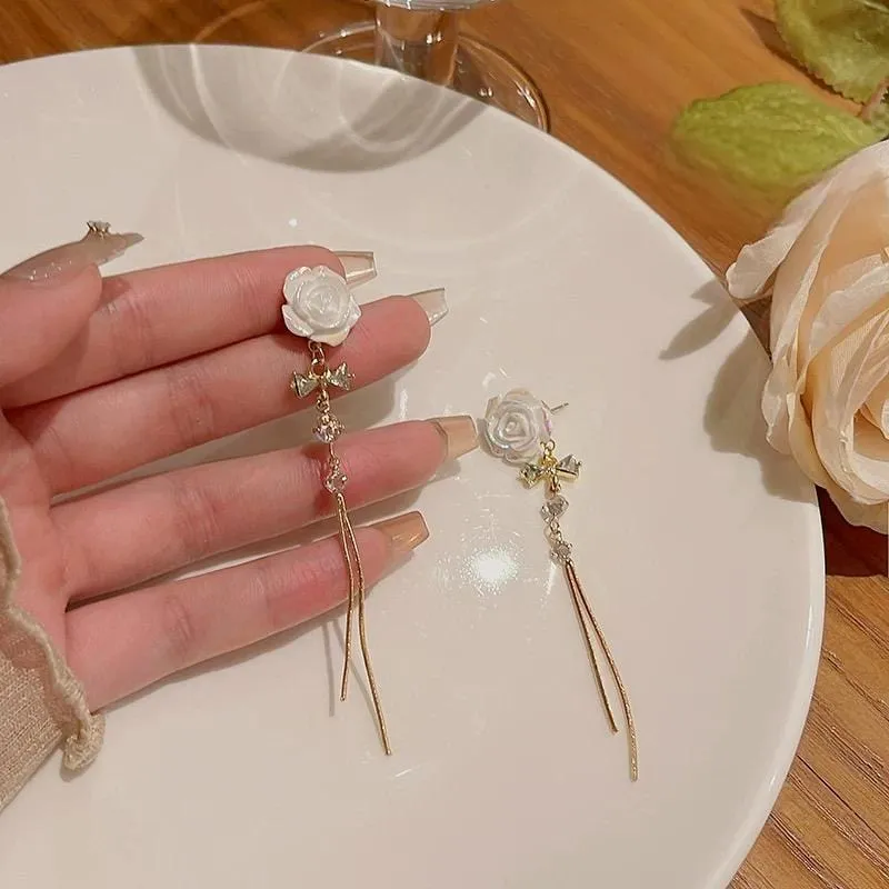 French Style Camellia Flower Crystal Tassel Chain Earrings