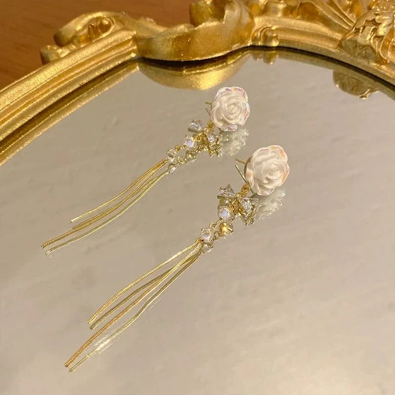French Style Camellia Flower Crystal Tassel Chain Earrings