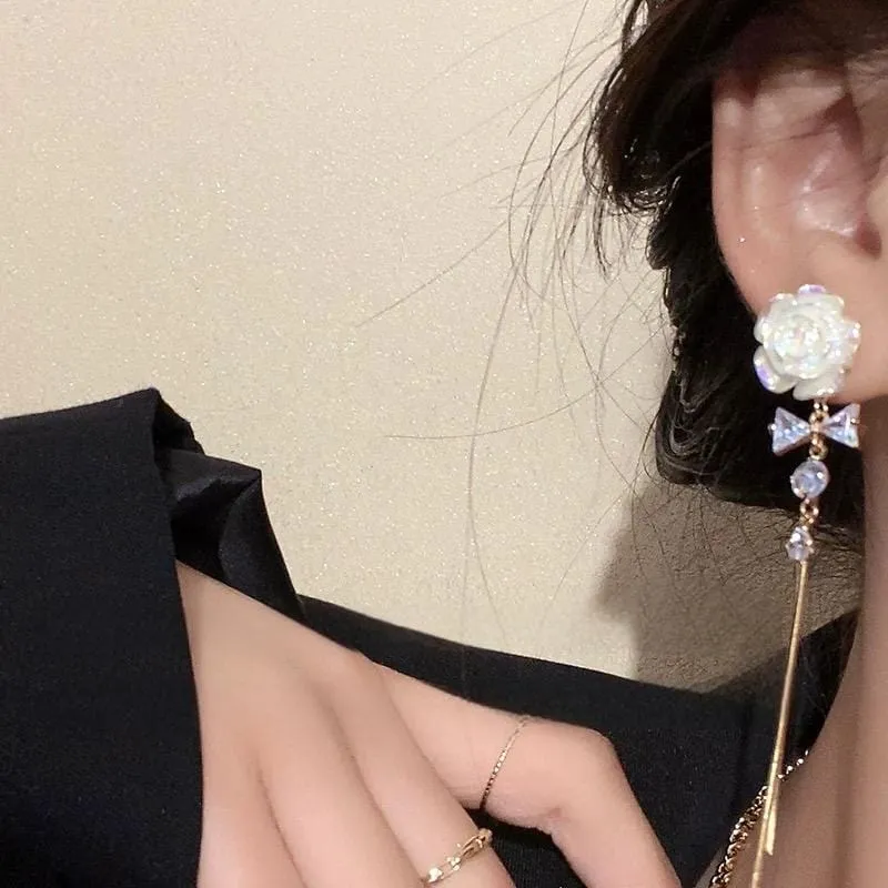 French Style Camellia Flower Crystal Tassel Chain Earrings