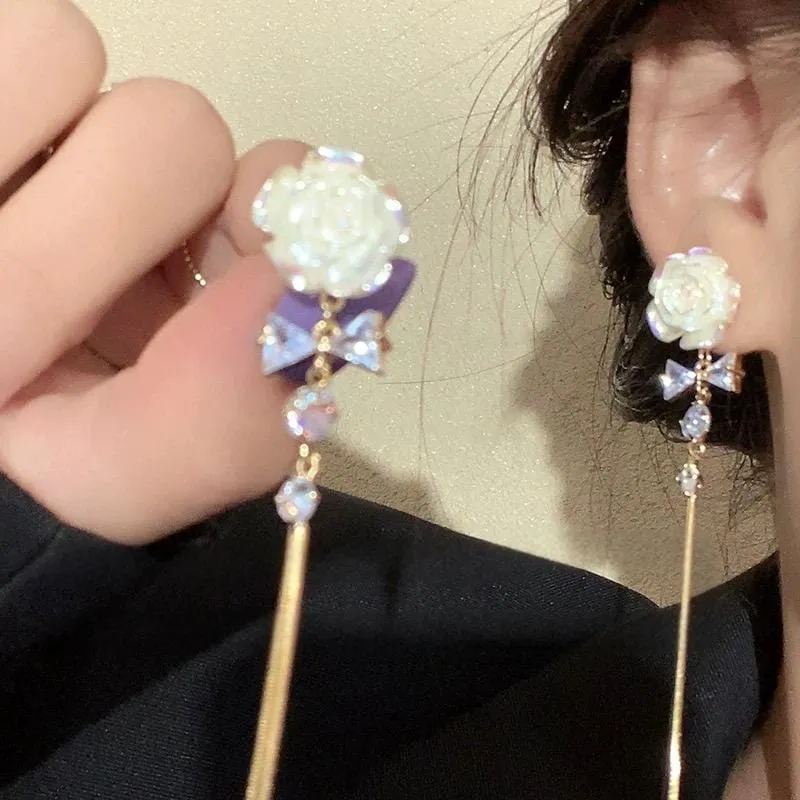 French Style Camellia Flower Crystal Tassel Chain Earrings