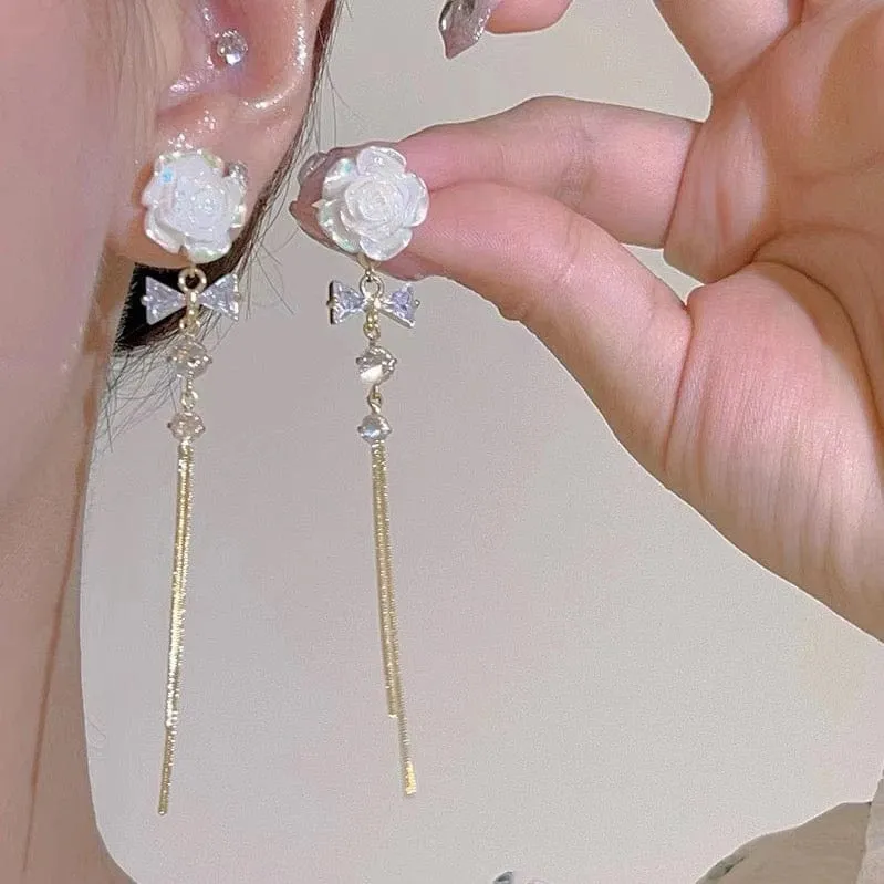 French Style Camellia Flower Crystal Tassel Chain Earrings