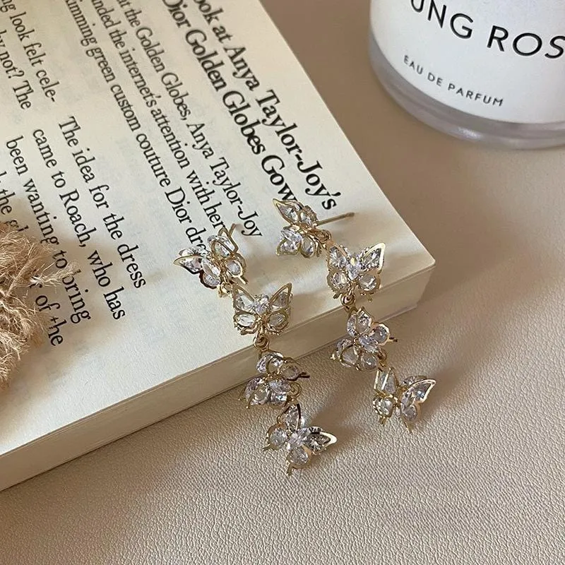 French Style CZ Inlaid Butterfly Tassel Earrings