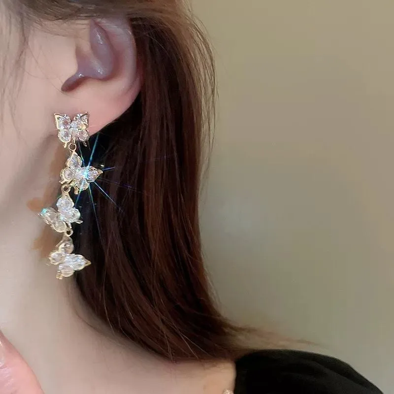 French Style CZ Inlaid Butterfly Tassel Earrings