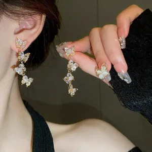 French Style CZ Inlaid Butterfly Tassel Earrings