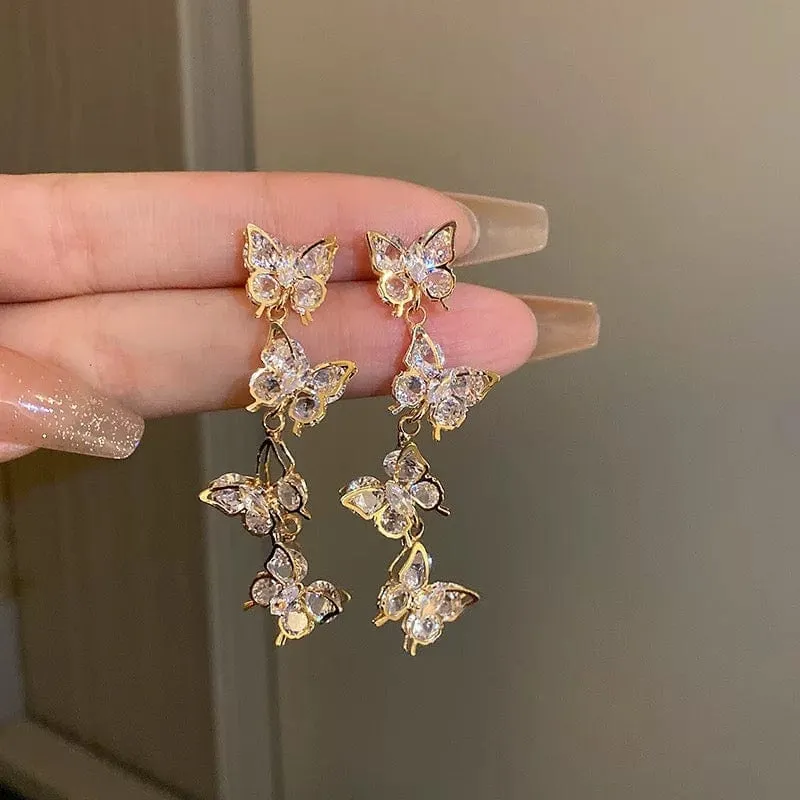 French Style CZ Inlaid Butterfly Tassel Earrings