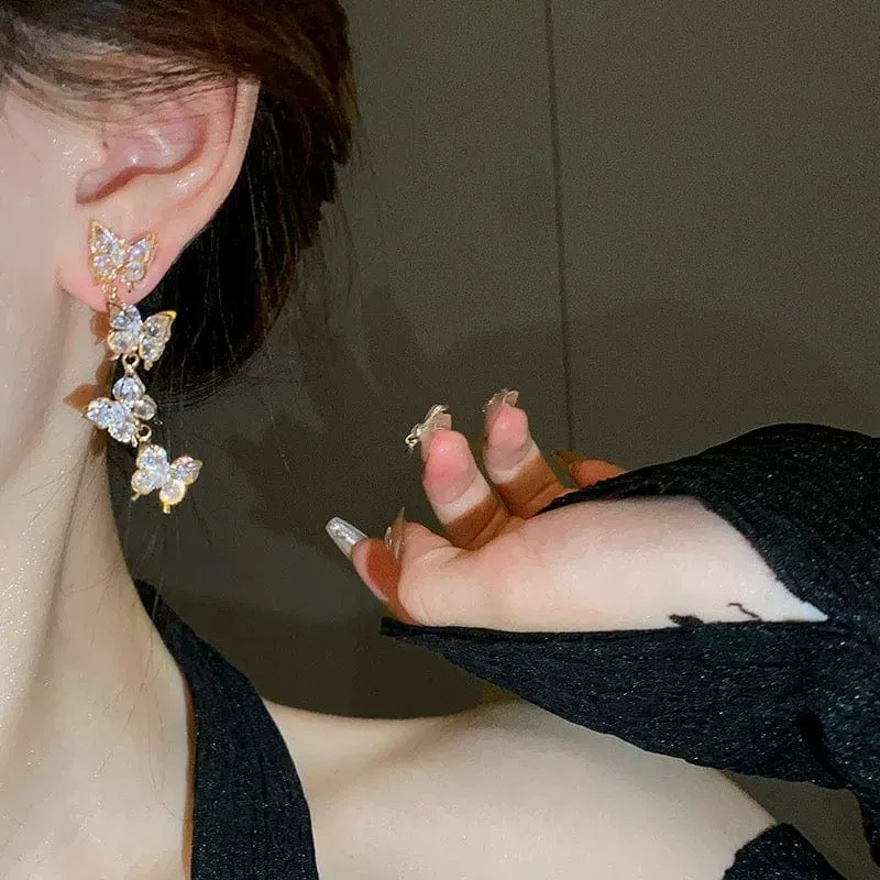 French Style CZ Inlaid Butterfly Tassel Earrings