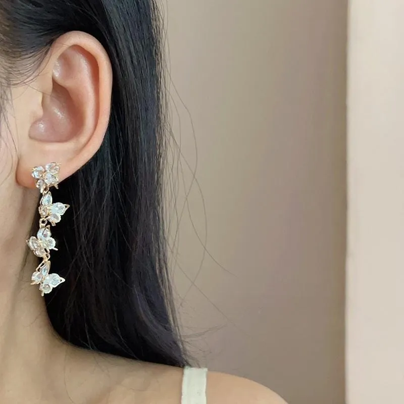French Style CZ Inlaid Butterfly Tassel Earrings