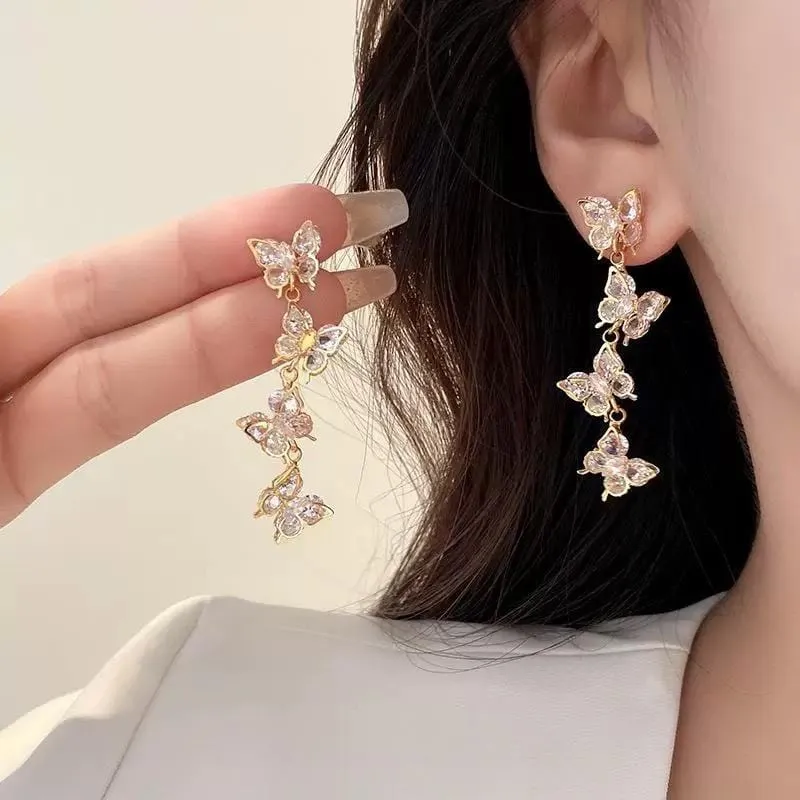 French Style CZ Inlaid Butterfly Tassel Earrings