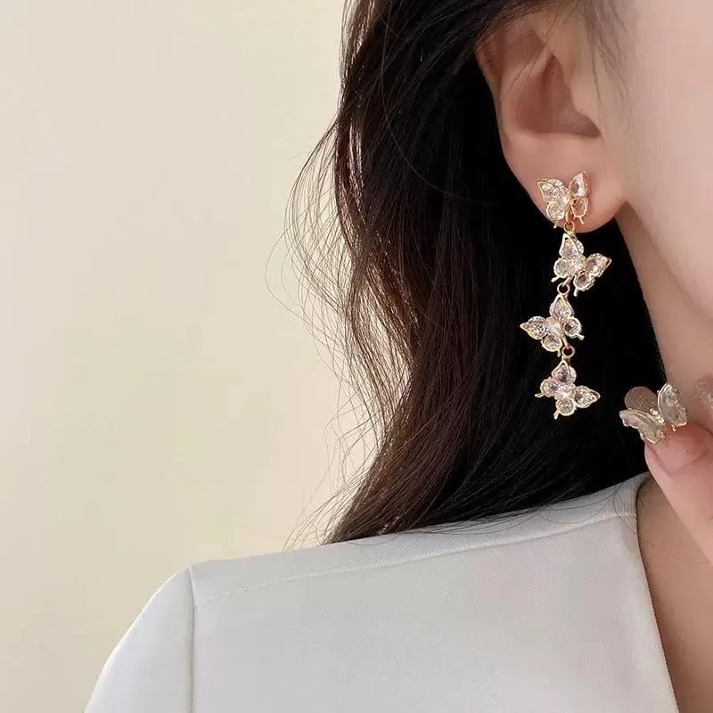 French Style CZ Inlaid Butterfly Tassel Earrings