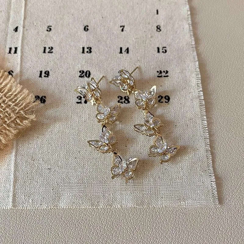 French Style CZ Inlaid Butterfly Tassel Earrings