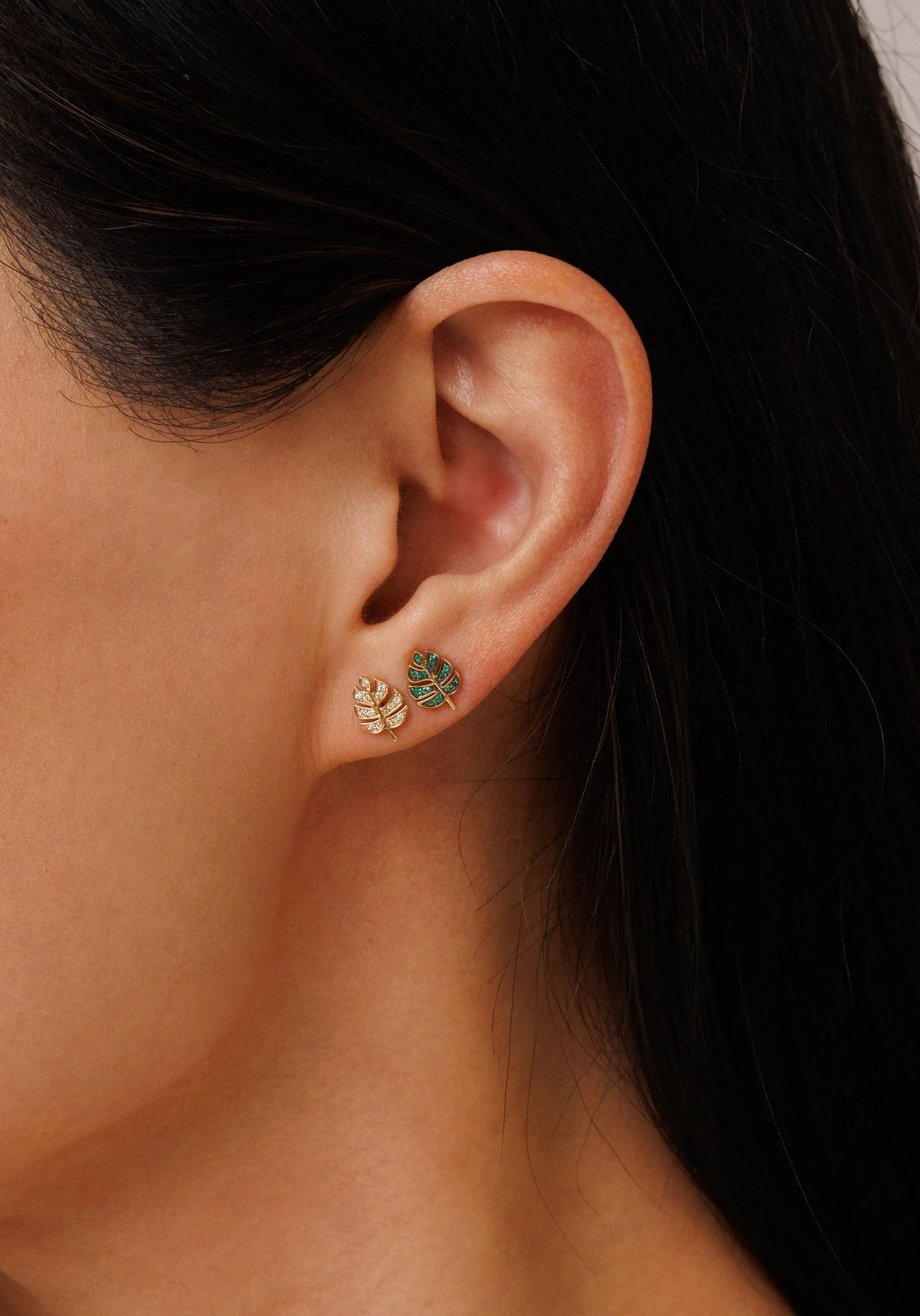 Gold & Emerald Tiny Monstera Leaf Stud