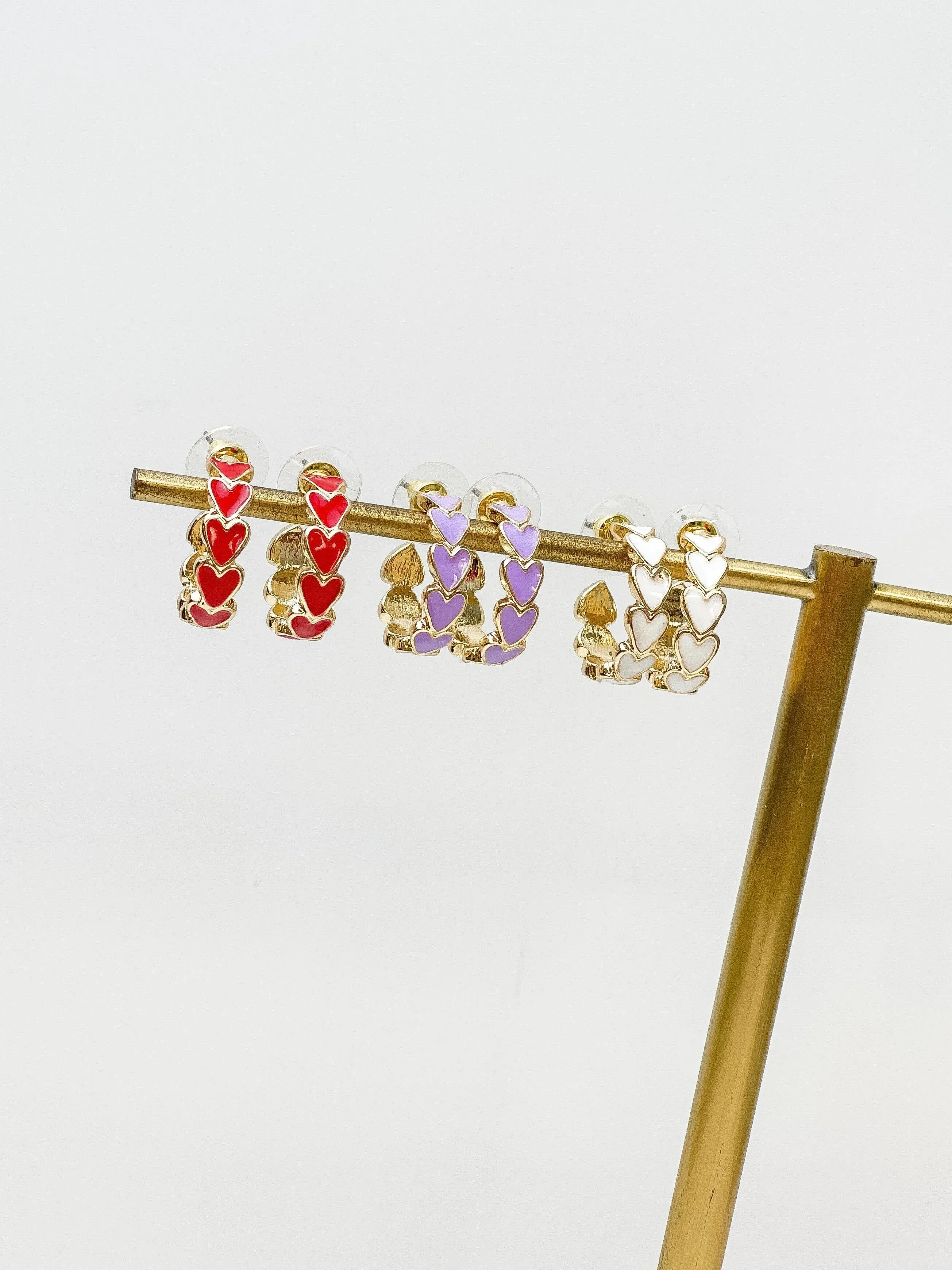 Gold & Enamel Heart Hoop Earrings - Purple