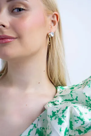 Gold and White Resin Flower Chain Tassel Earrings