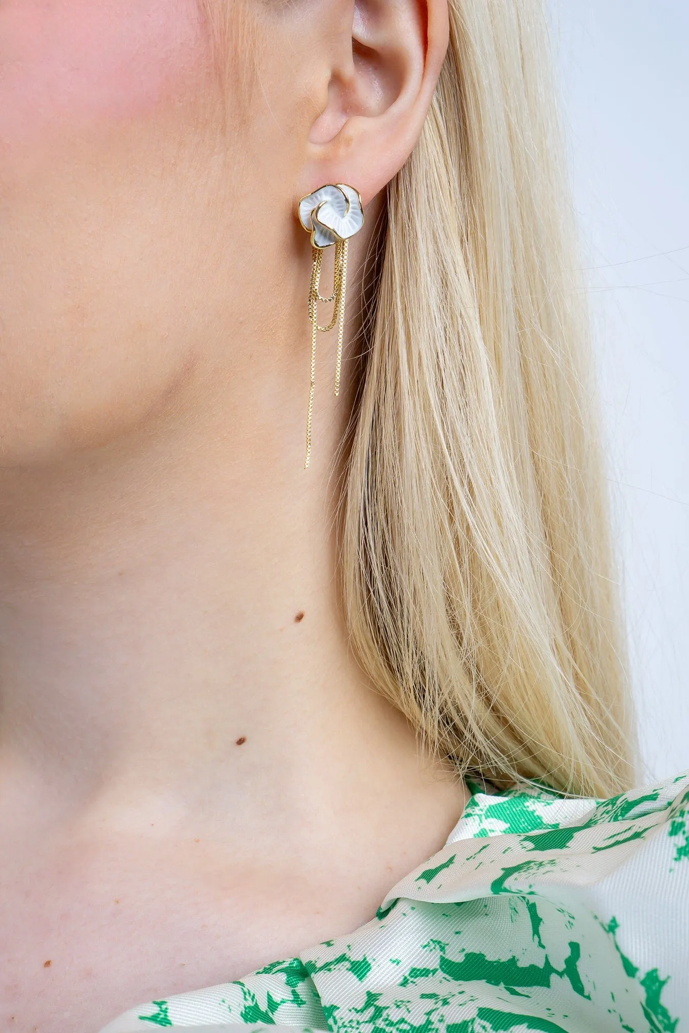 Gold and White Resin Flower Chain Tassel Earrings