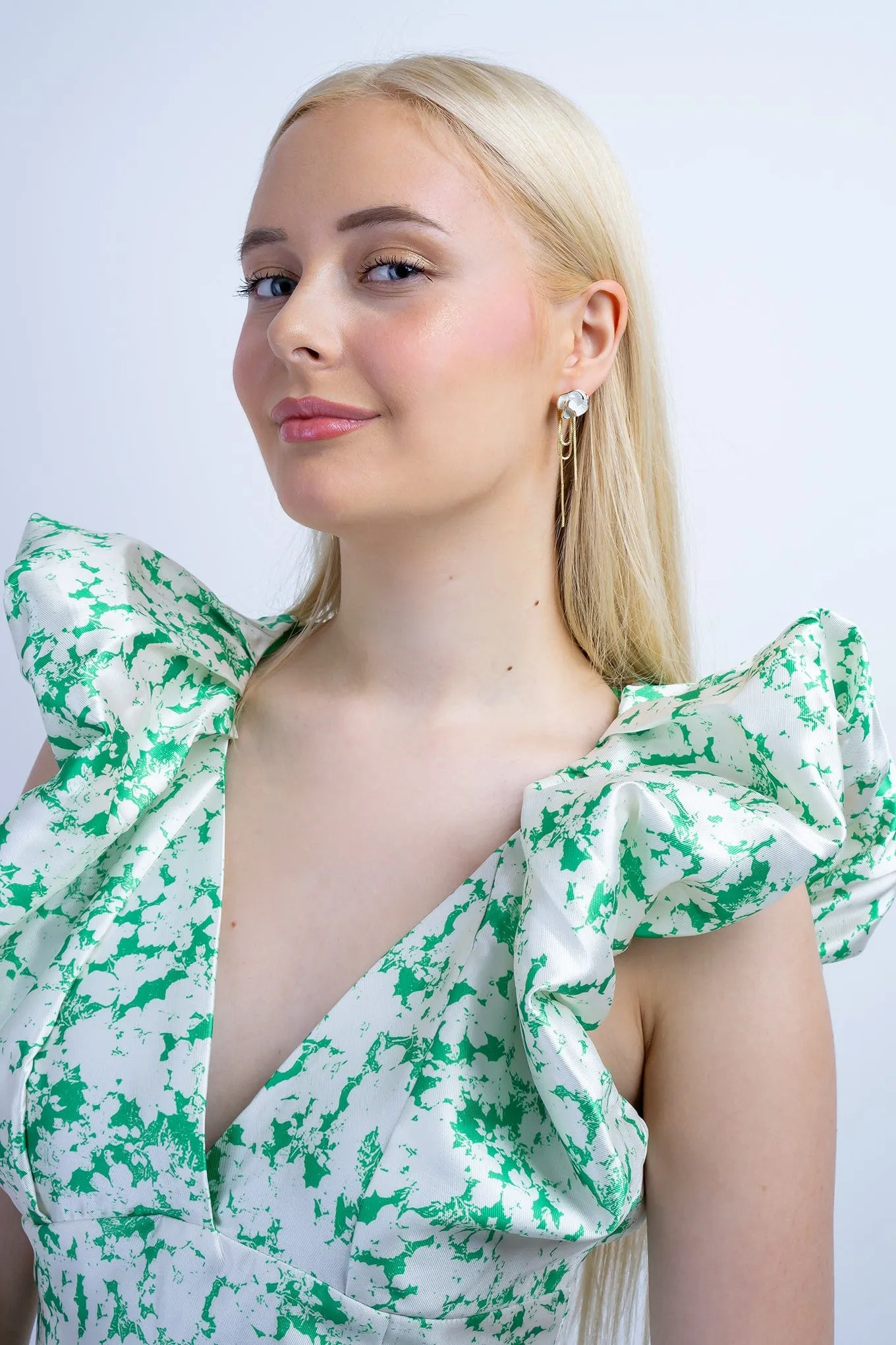 Gold and White Resin Flower Chain Tassel Earrings
