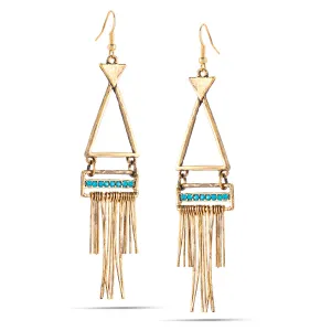 GOLD AQUA BLUE CRYSTAL TASSEL EARRINGS #SWR-CP3109TUR