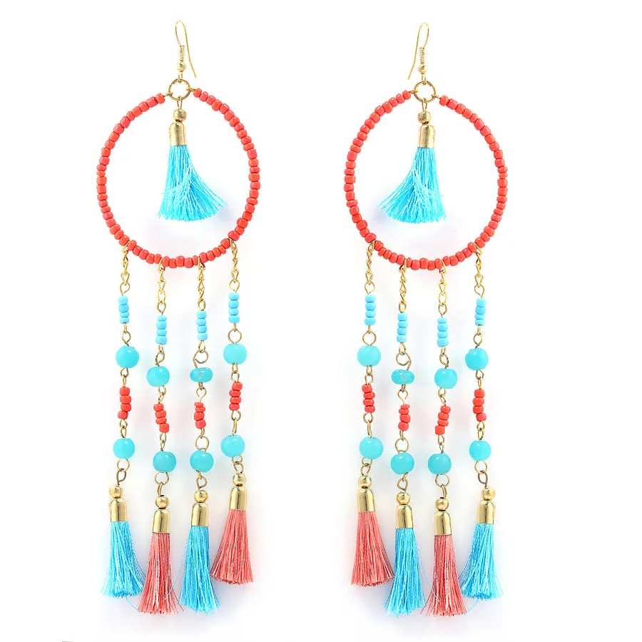 GOLD CORAL AND TURQUOISE BEAD TASSEL EARRINGS  #KBI-ER-K7438-TQCRL (IE6)