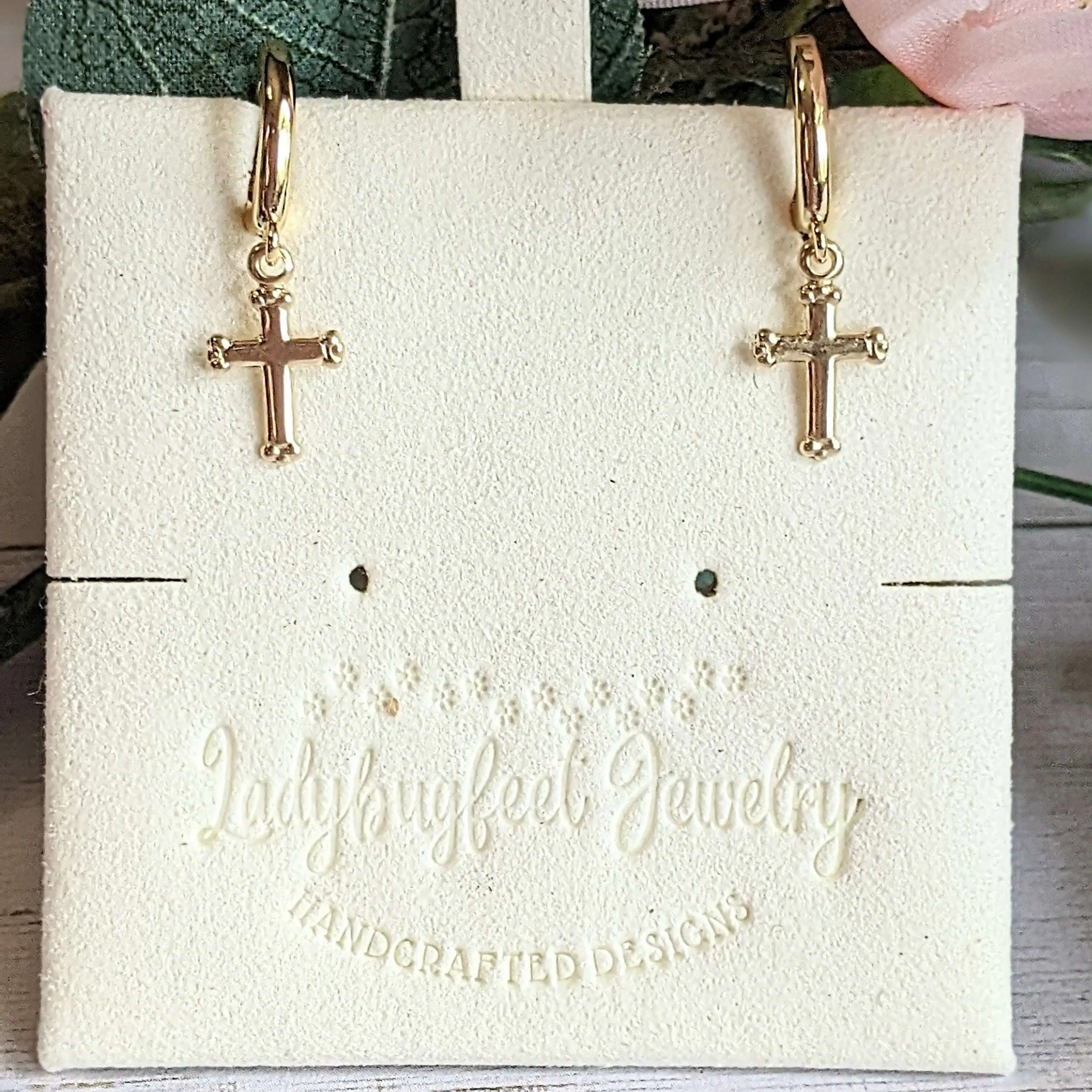 Gold Cross Huggie Hoop earrings, 15mm Hoop Drop