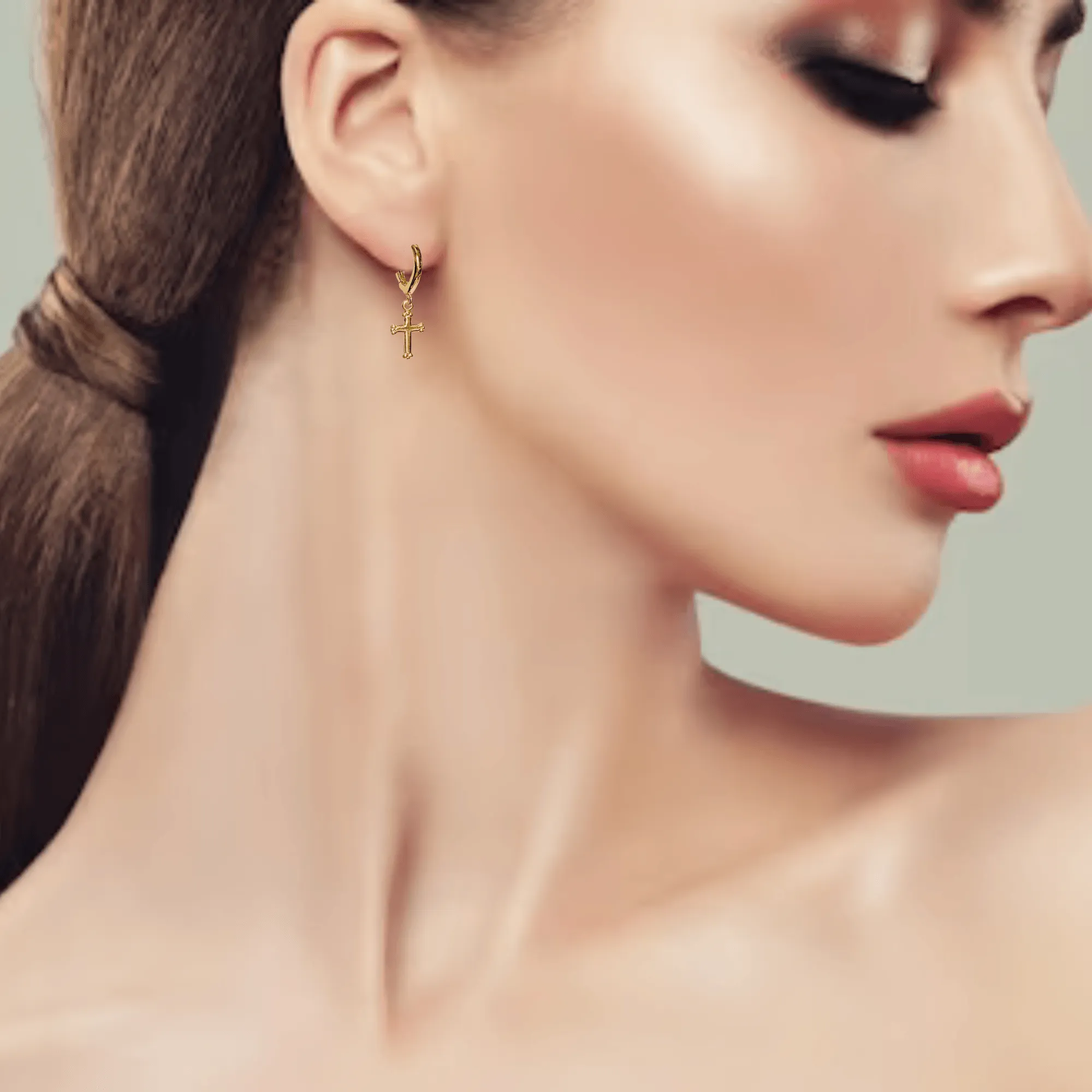 Gold Cross Huggie Hoop earrings, 15mm Hoop Drop