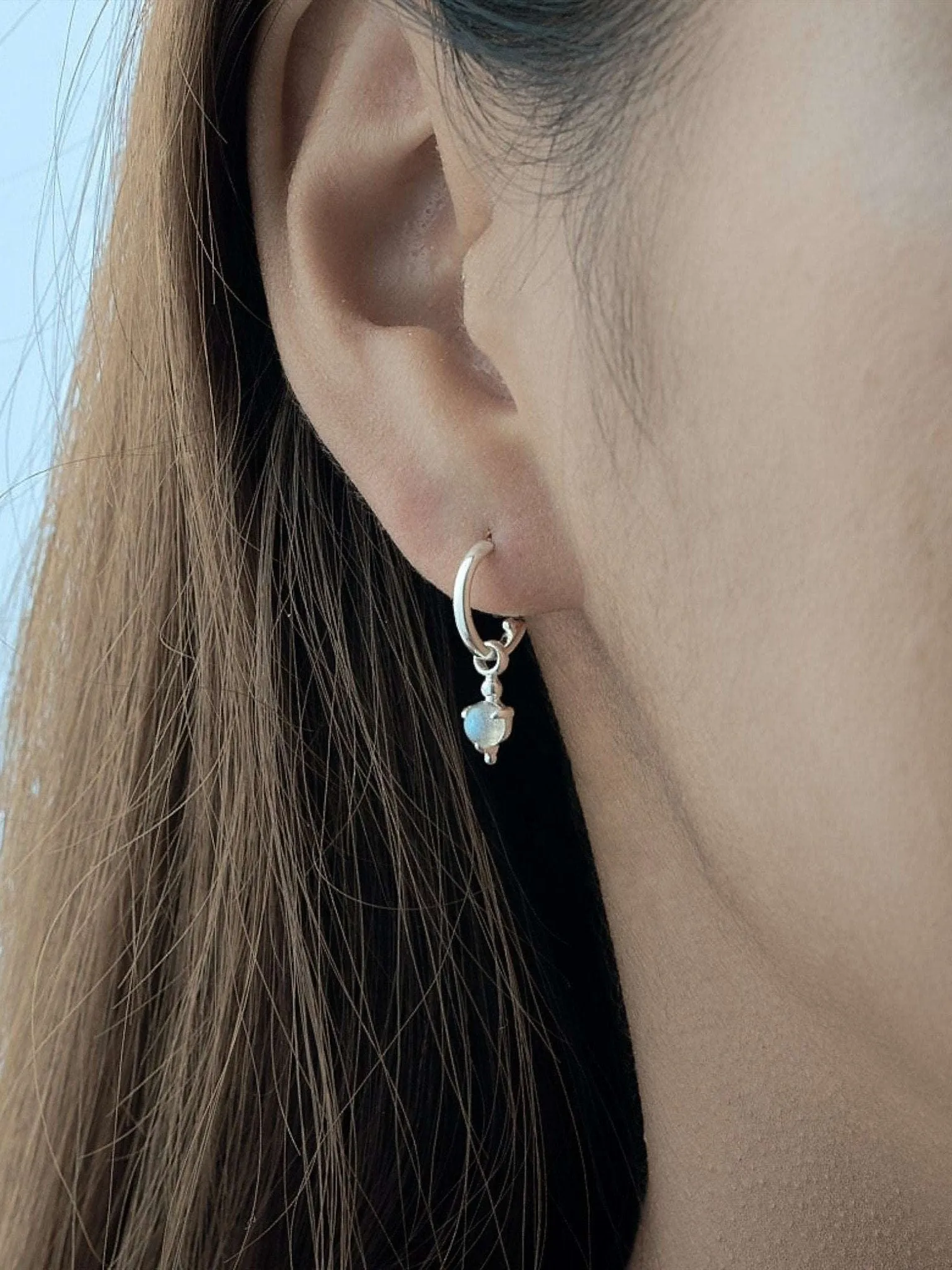 Gold Hoop Earrings with Moonstone Charm