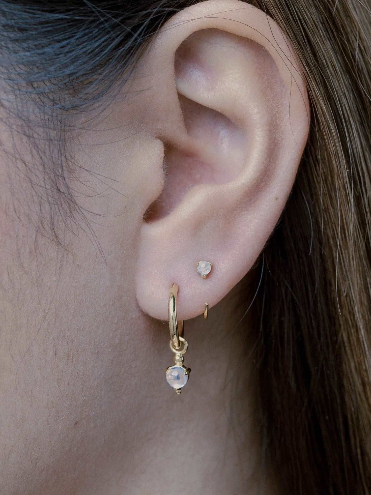 Gold Hoop Earrings with Moonstone Charm