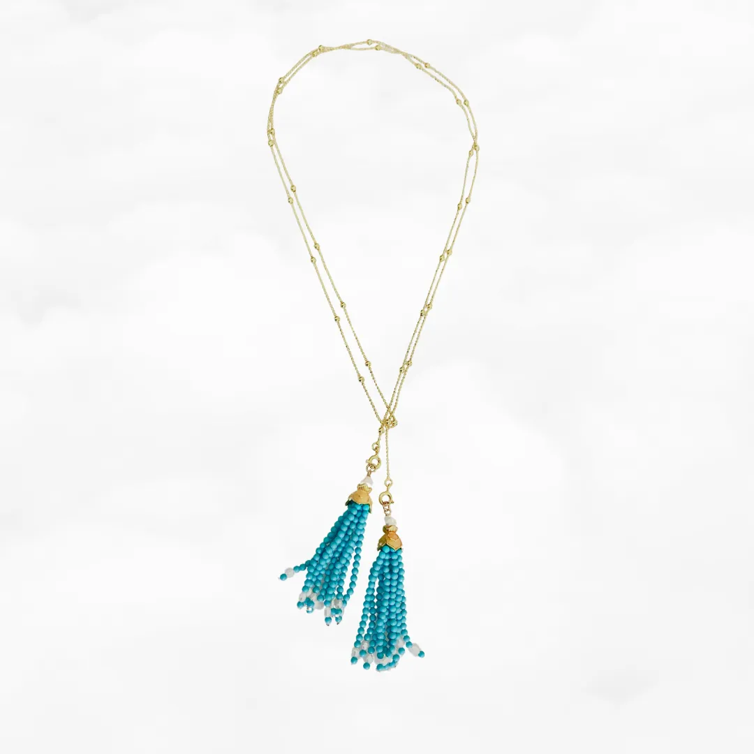 Gold Lotus Turquoise Tassel Lariat Necklace and Earrings Set