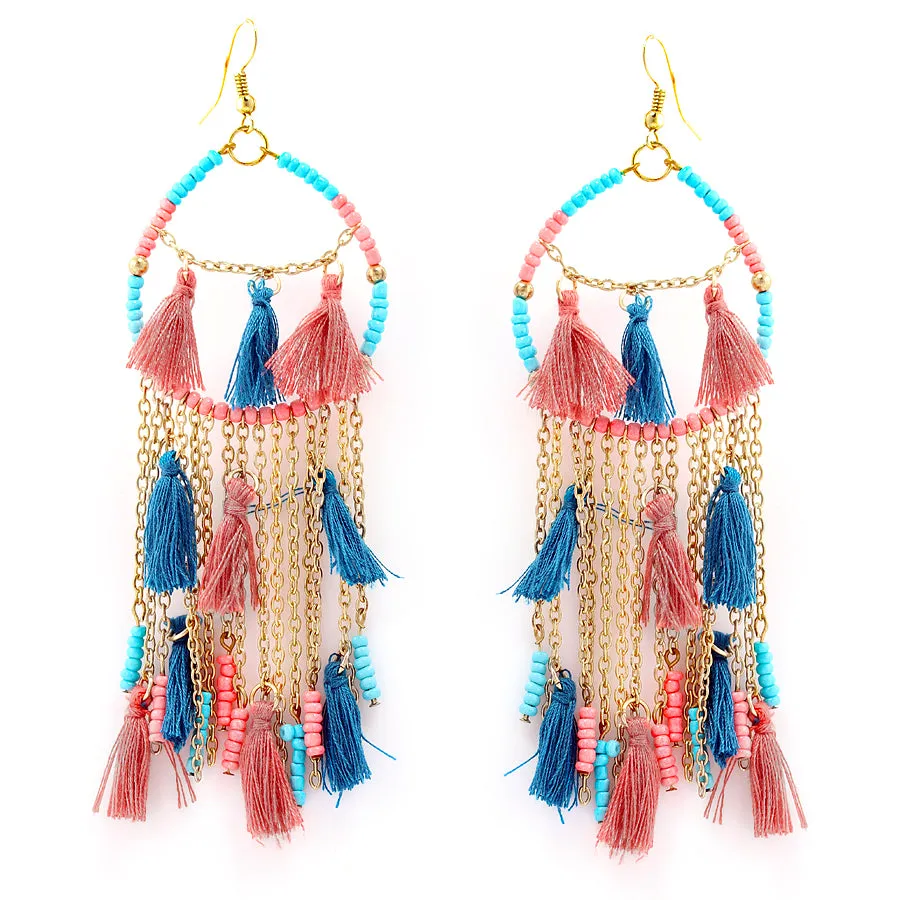 GOLD MULTI COLOR TURQUOISE AND PEACH METAL BEADS TASSEL EARRING  #KBI-ER-K1694-TQCRL (PH3)