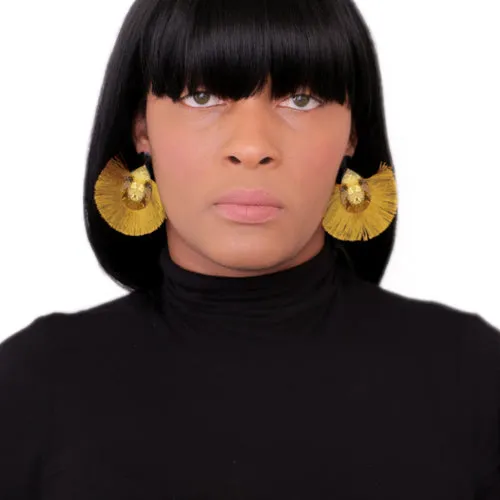 Gold Oval Fan Tassel Earrings