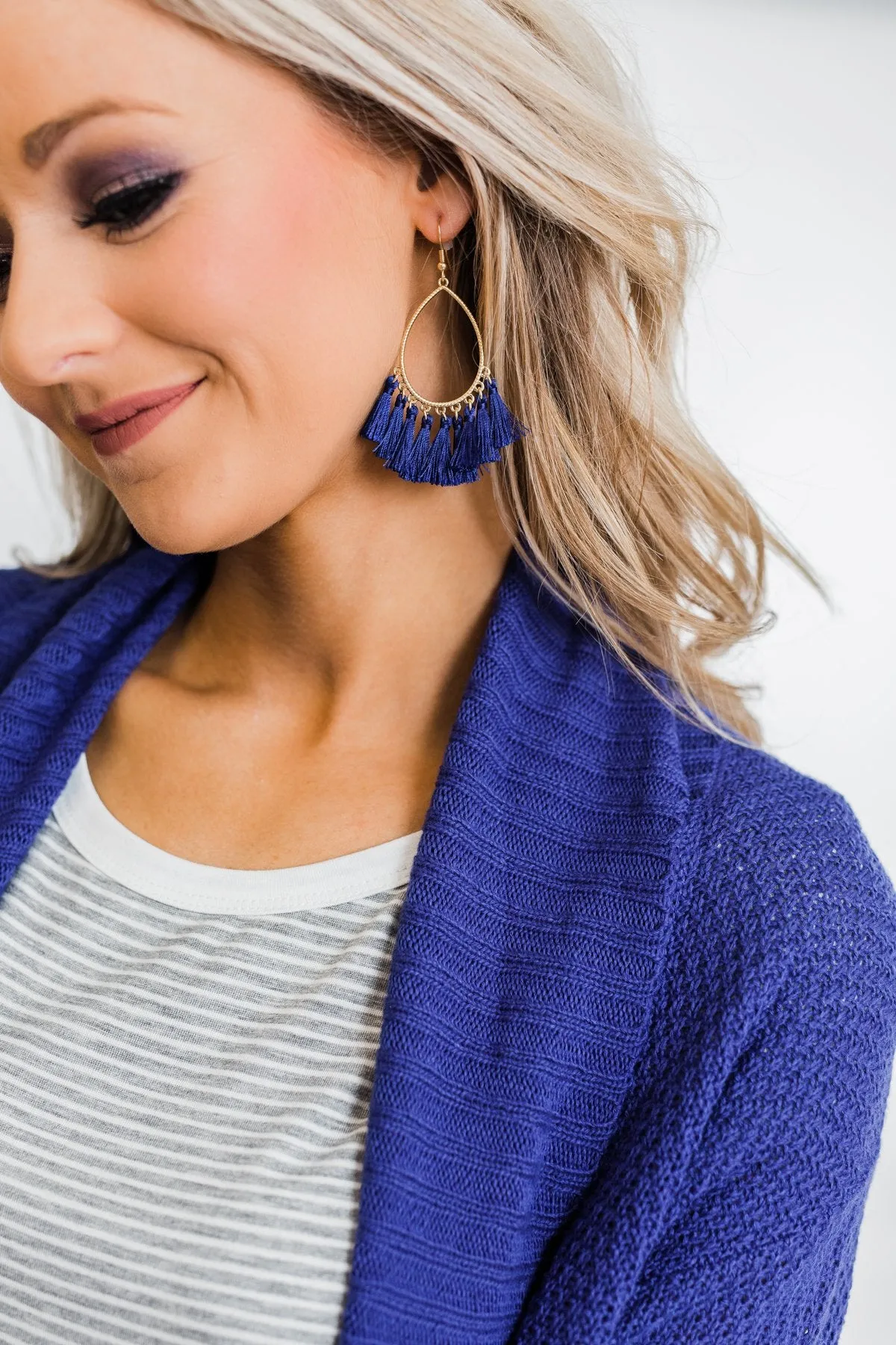 Gold Tear Drop & Tassel Earrings- Navy