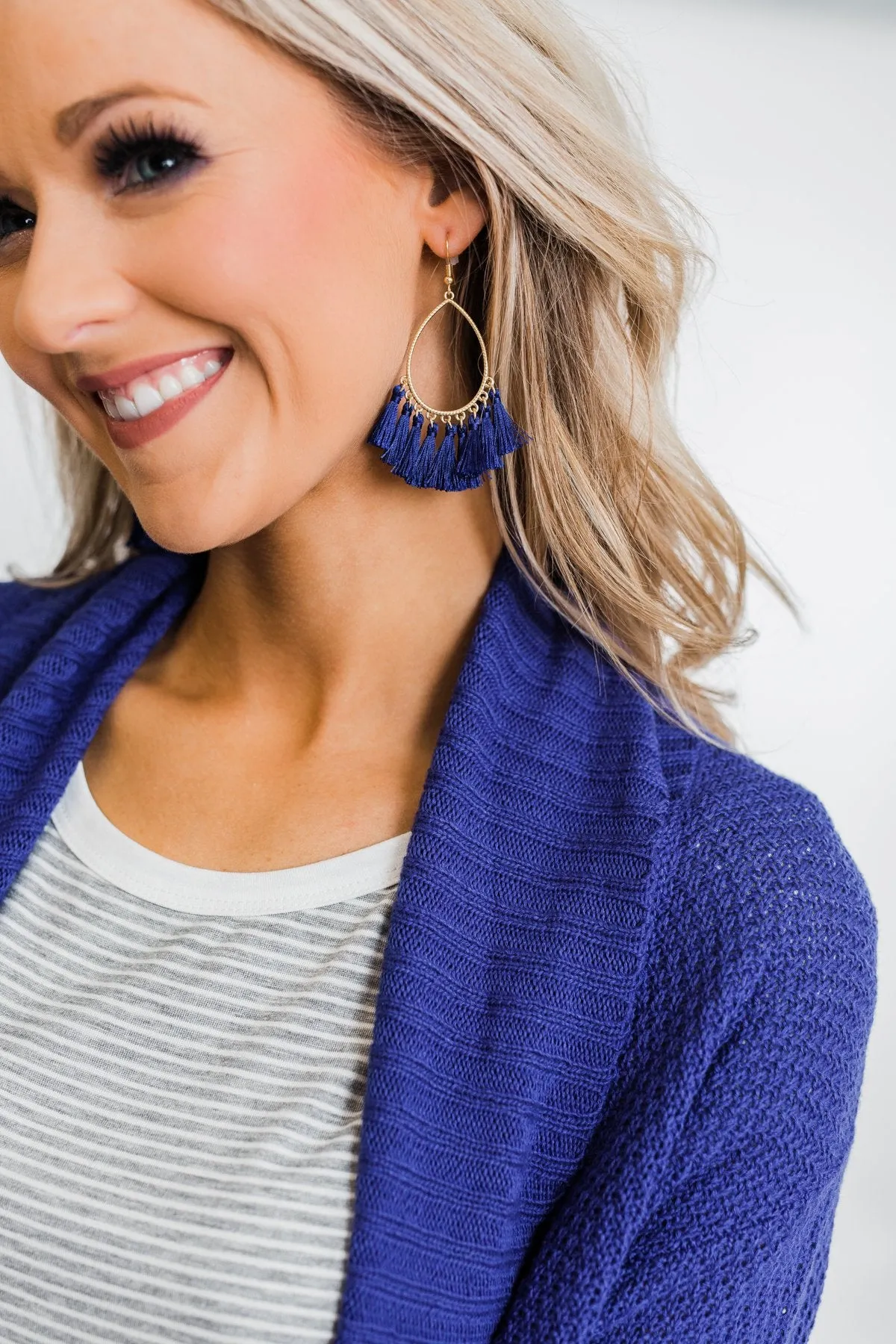 Gold Tear Drop & Tassel Earrings- Navy