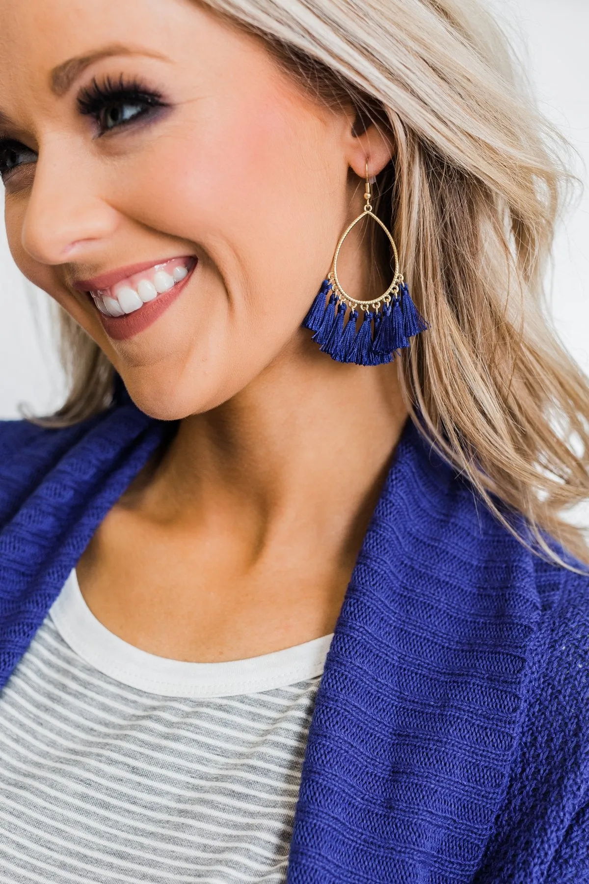 Gold Tear Drop & Tassel Earrings- Navy