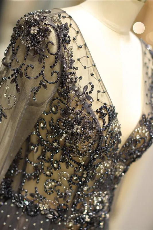 Gorgeous Sheer Long Sleeves Beaded Prom Dress