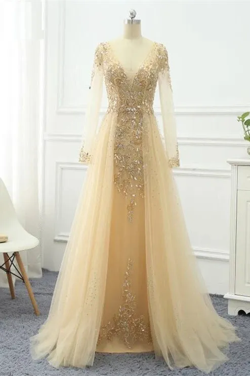 Gorgeous Sheer Long Sleeves Beaded Prom Dress