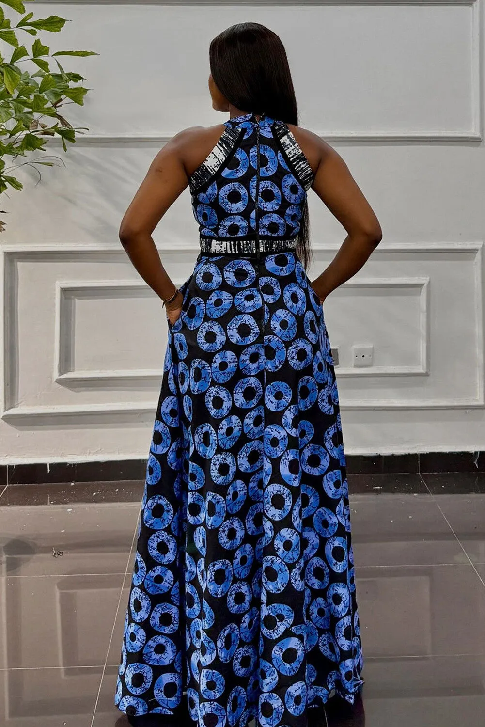 Graphic Print Sleeveless A-Line Maxi Dresses-Blue