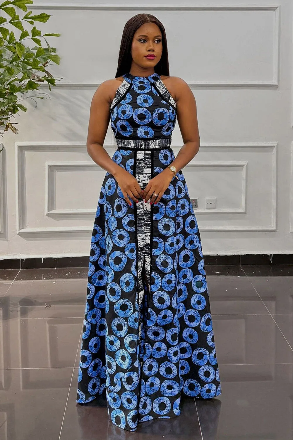 Graphic Print Sleeveless A-Line Maxi Dresses-Blue
