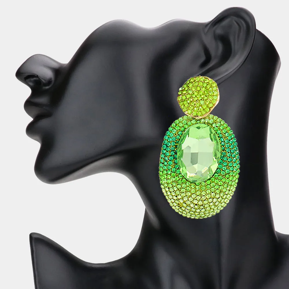 Green and Rhinestone Oval Dangle Pageant Earrings | Fashion Earrings | Prom Earrings |  627323