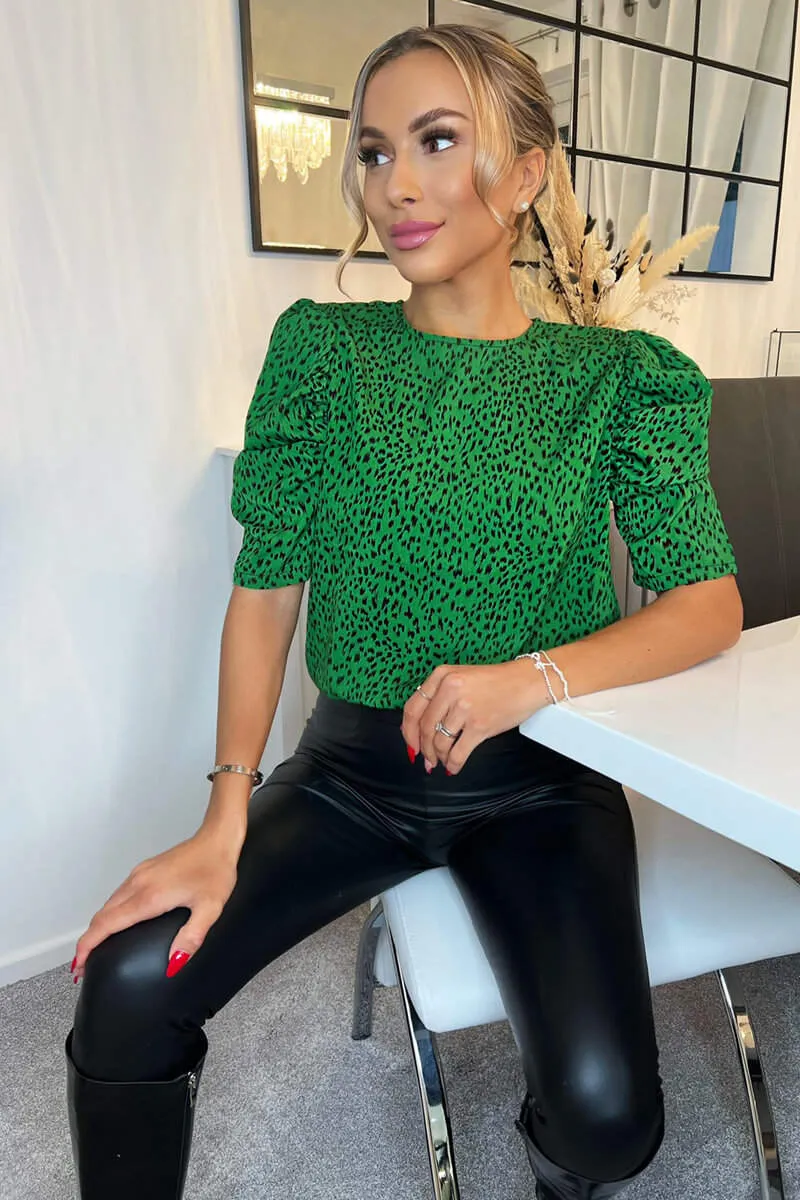 Green Printed Gathered Puff Sleeve Top