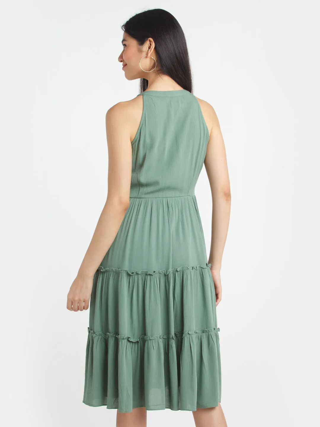 Green Solid A-Line Midi Dress