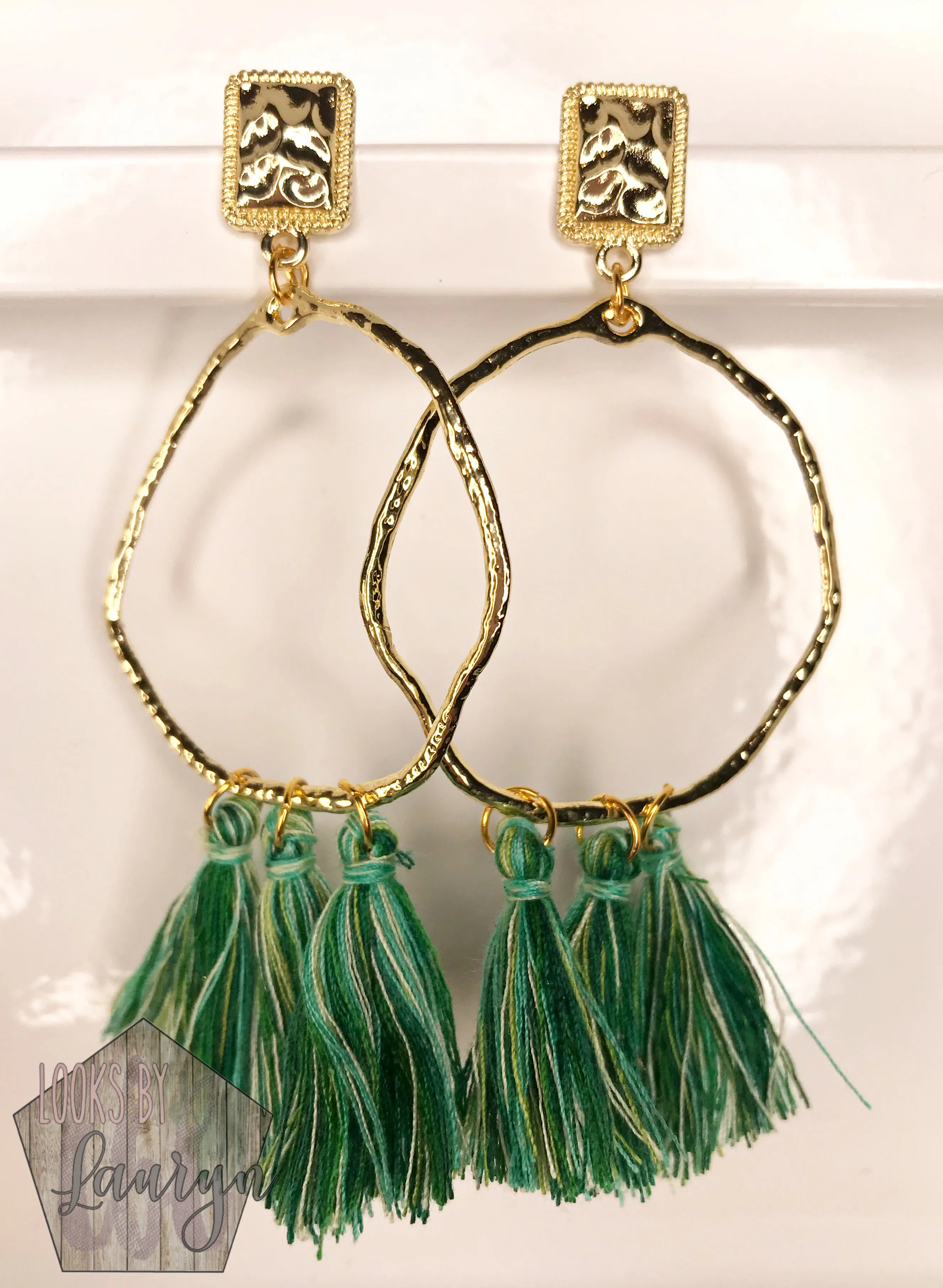 Green Tassel Earrings on Hoop