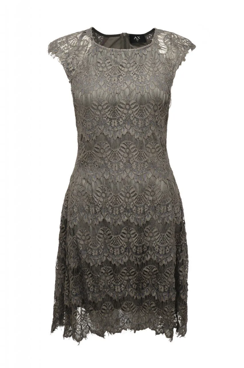 Grey Capped  Sleeve  Crocheted  Lace Dress